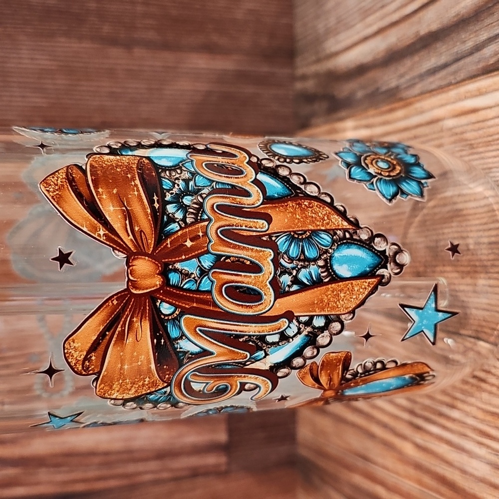 Mama Turquoise Floral Tumbler with Glass Straw. - Picture 2 of 9